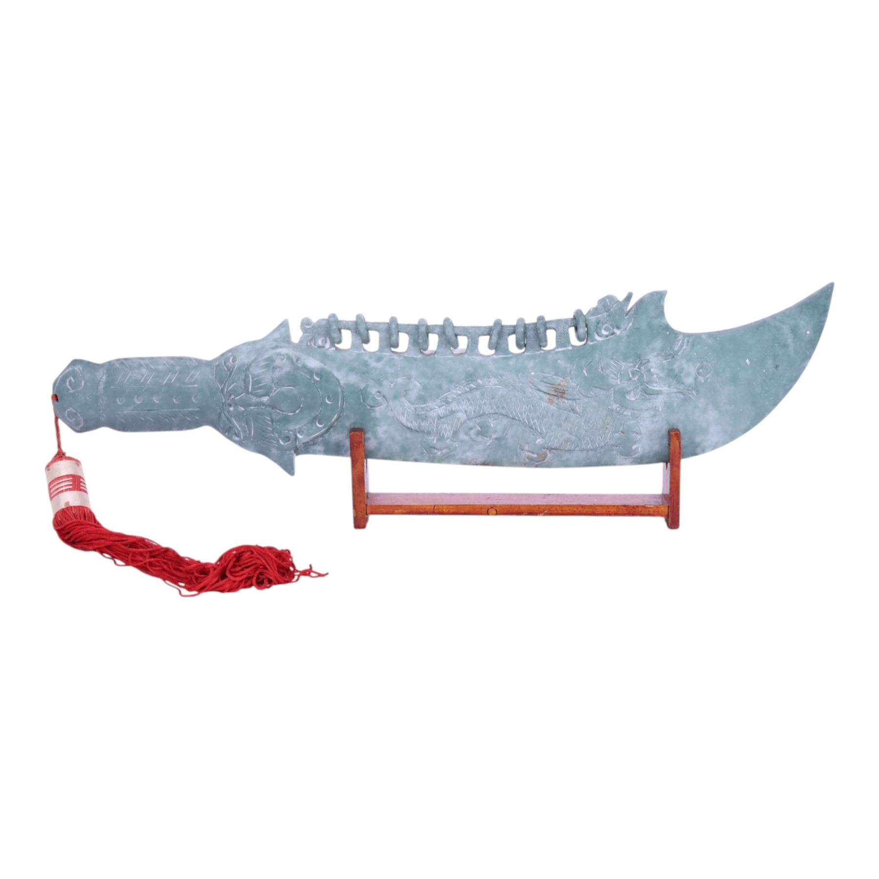 Chinese hardstone ceremonial sword ornament on stand, H16cm, L50cm