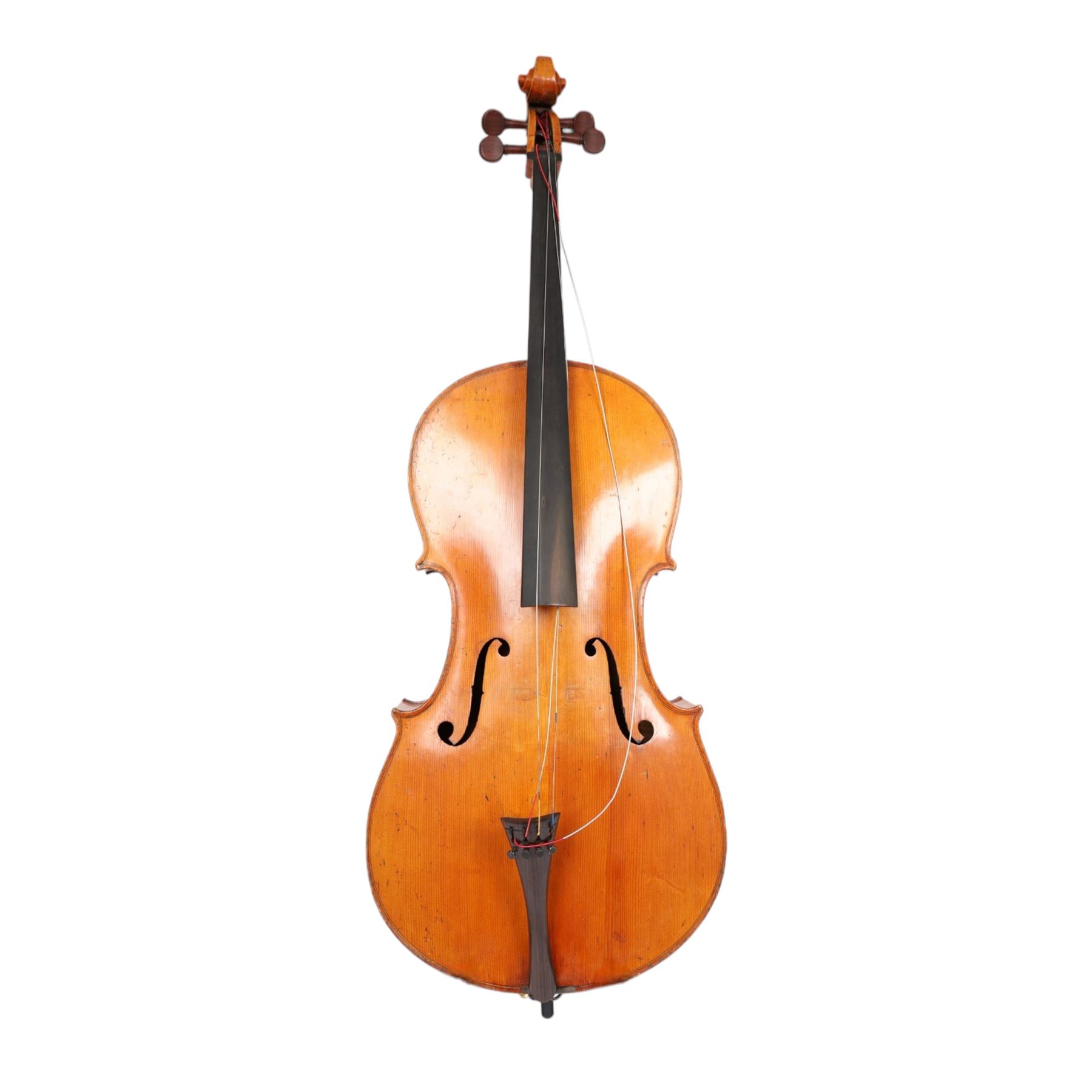 19th century cello, with two piece back and ebonised finger board, contained within a hardcase, cello back length 75cm