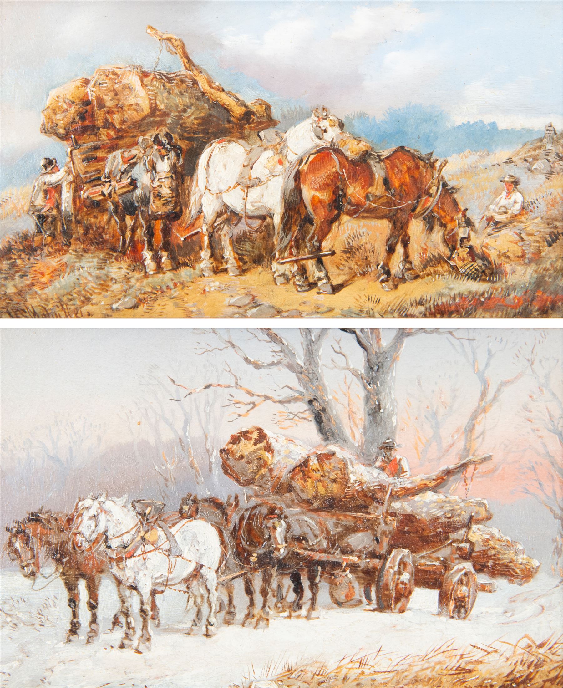 Harden Sidney Melville (British 1824-1894): The Logging Cart, two oils on panel signed, max 13.5cm x 24cm (2)