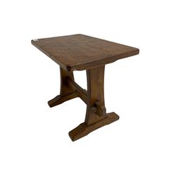 Acornman - oak occasional or side table, rectangular adzed top on shaped end supports joined by pegged stretcher on sledge feet, by Alan Grainger of Brandsby