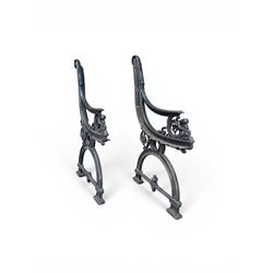 Yates Haywood - pair of 19th century cast iron bench ends, winged griffin detail, arched legs with rope turned decoration, finish in green paint, registration number 206550, first registered 8 March 1867 (see illustration), length as required
