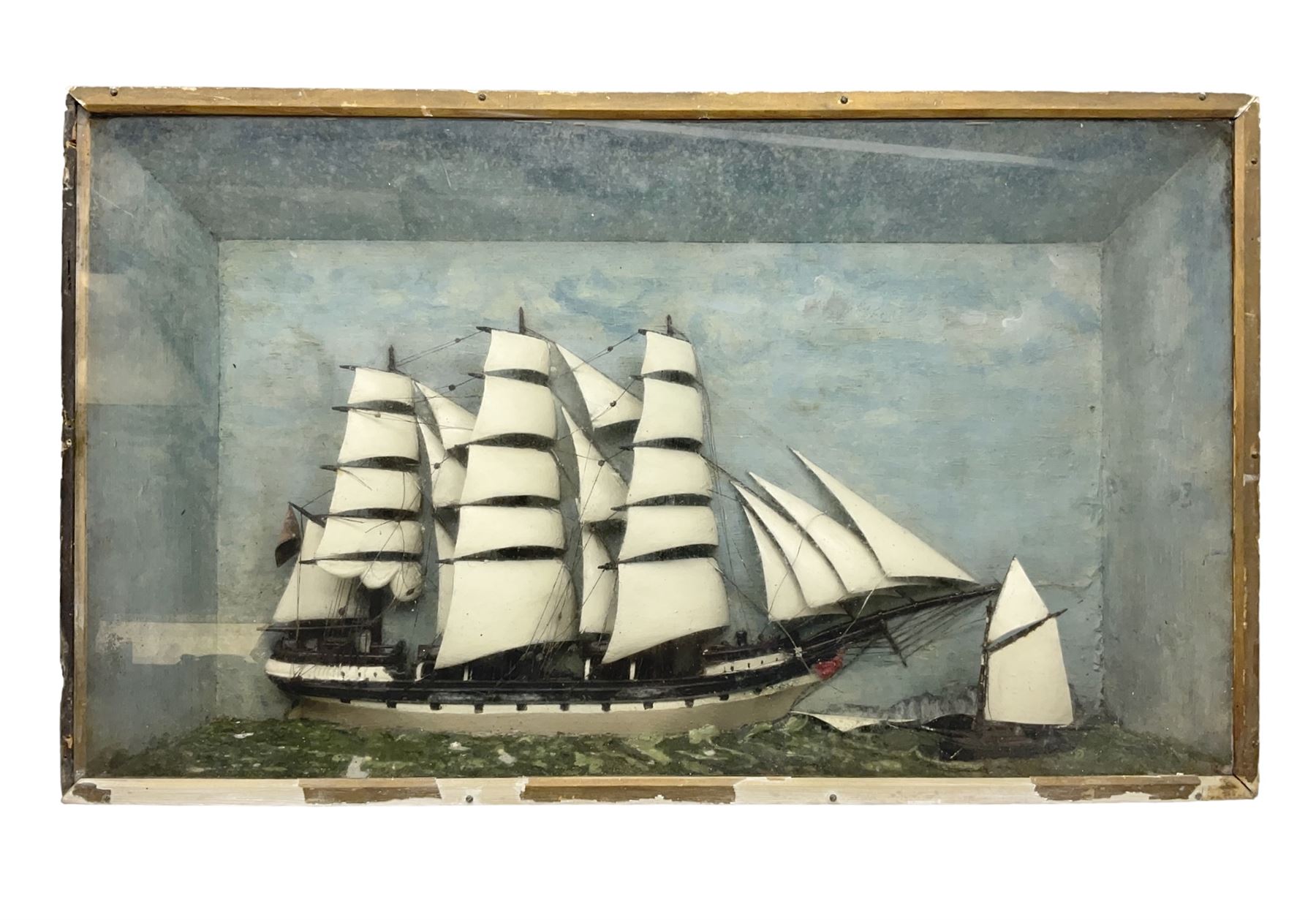 Ship Diorama, three-masted clipper at sea against a painted background, H52cm, L87cm