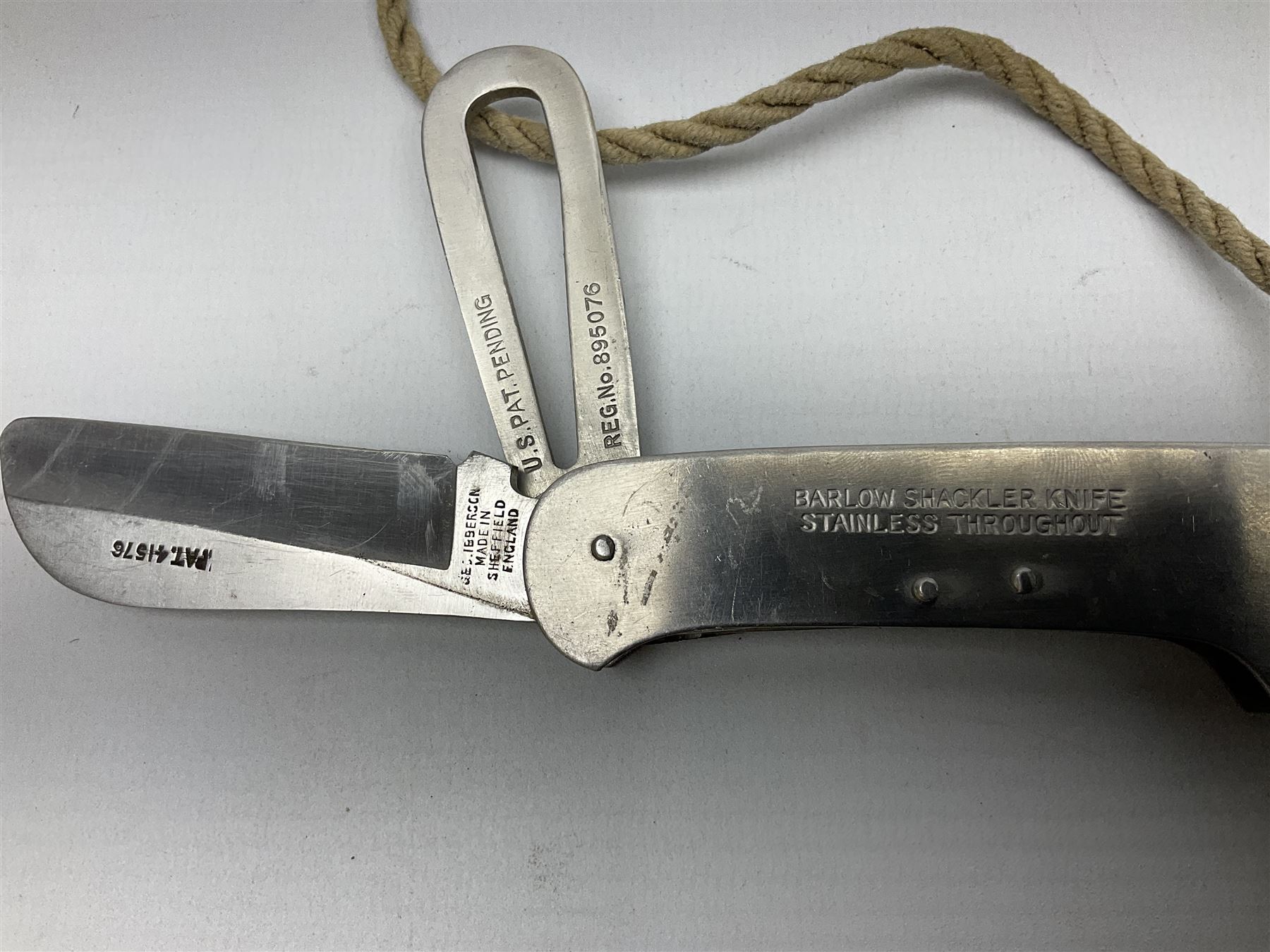 Barlow Shackler Sailor's Knife PAT.41576, together with a penknife, whistle and coins 