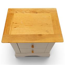 Modern bedroom suite comprising; a dresser, blanket box, bedside table, oak tops over a pale blue with wooden turned knobs

Dresser (H 77cm, D 48cm, W 107cm)
Blanket box (H 51cm, D 48cm W 91cm)
Bedside table (H 64cm, D 39cm, W 54cm)