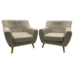 Pair of armchairs upholstered in light grey linen fabric, beech legs