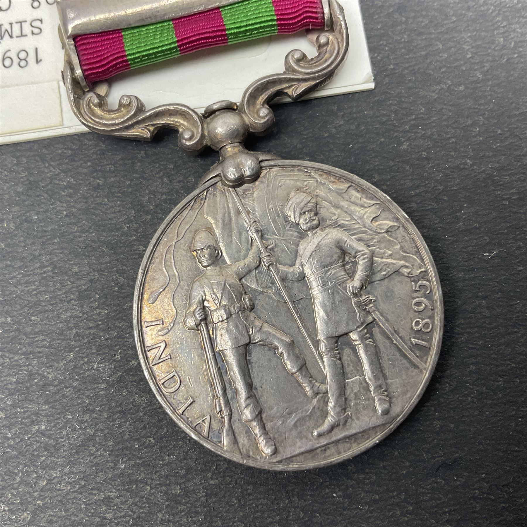 Victoria India Medal with Tirah 1897-98 and Punjab Frontier 1897-98 clasps awarded to 367H Pte. W. Simonds 1/Duke of Cornwall's Light Infantry; with ribbon