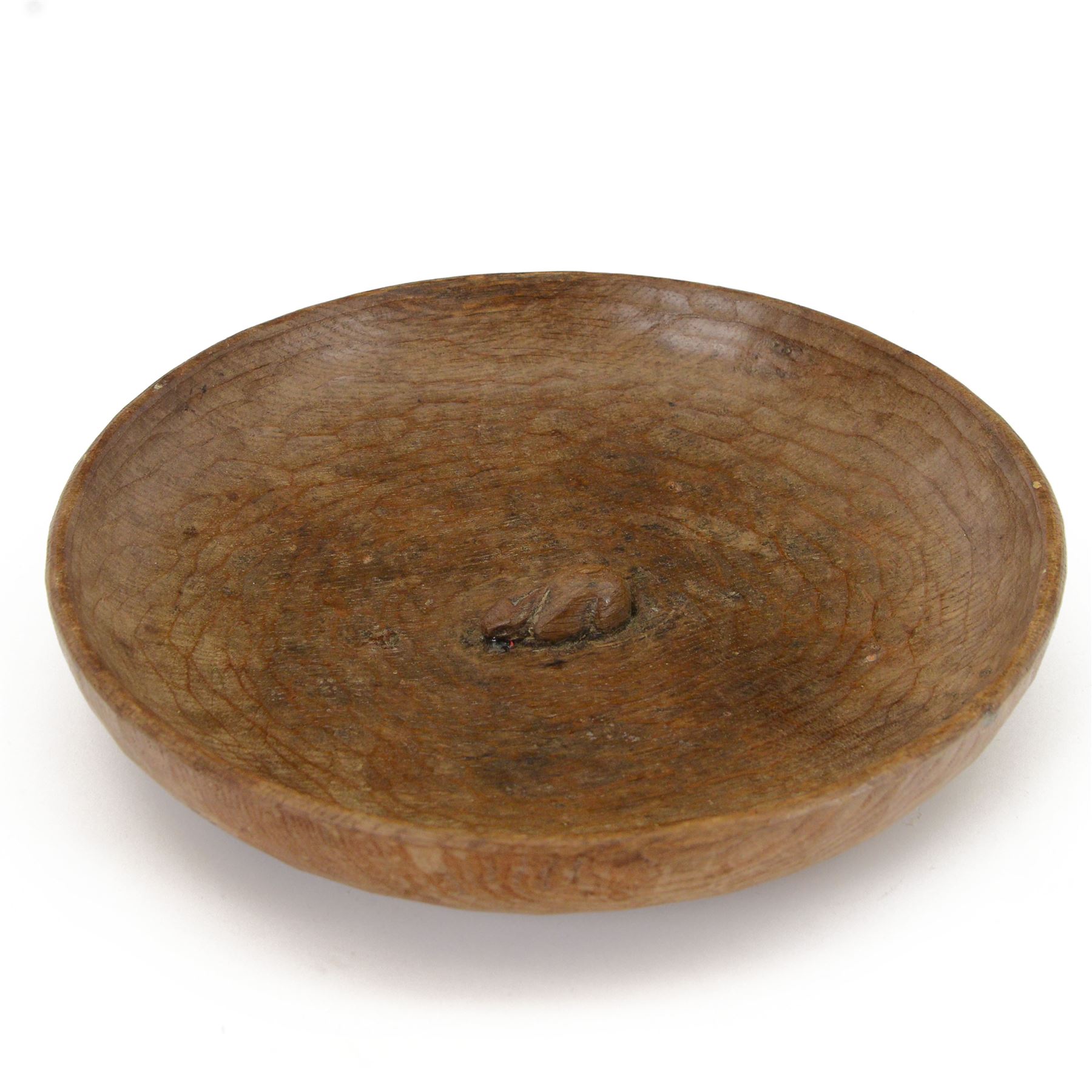 Rabbitman - circular tooled oak fruit bowl, carved with rabbit signature, by Peter Heap, Wetwang
