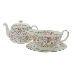 Minton Haddon Hall part dinner service, including teapot, nine dinner plates, nine soup bowls, two serving dishes, sauce boat and saucer etc in two boxes 