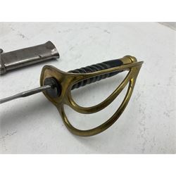 Reproduction American Civil War Cavalry trooper's sword, the 88cm slightly curving fullered steel blade marked to the ricasso 'Ames & Co Chicopee Mass.' and 'US ADK 1862'; brass hilt and leather covered grip; in steel scabbard L110cm overall;  and another reproduction sword (2)