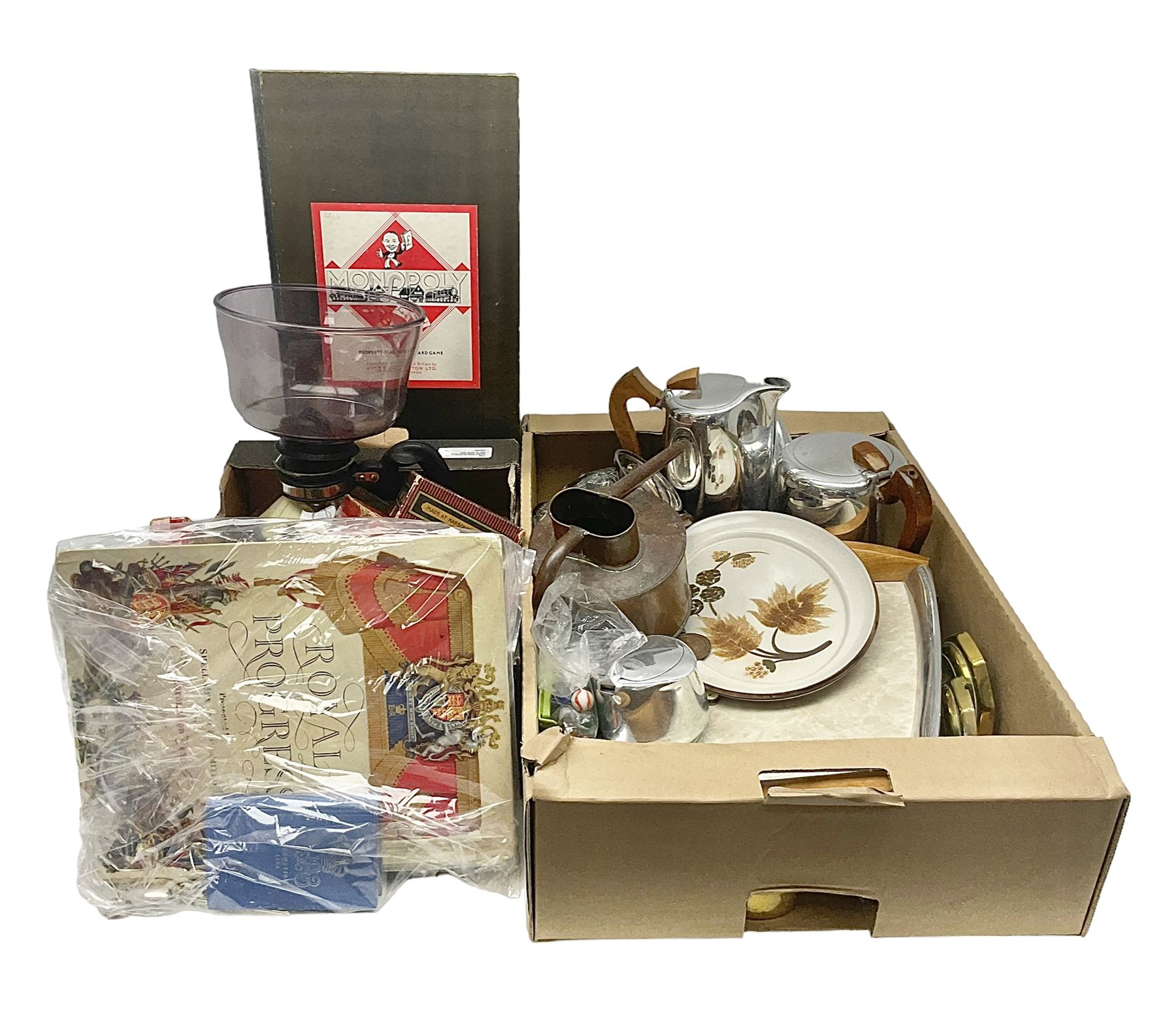 Piquot ware tea set, together with brass candlesticks, fireside tools and other collectables, in two boxes  