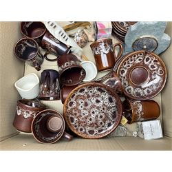 Quantity of ceramics to include Kernewek Cornwall tea wares, pair of Royal Doulton Islamic series plates, sage green Wedgwood Jasperware, Coclough tea wares, glassware etc in two boxes