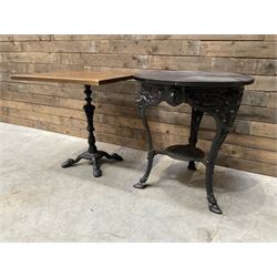 19th century cast iron Coalbrookdale design table with circular top (D66cm, H74cm) and a cast iron pedestal table with square top (W69cm, D70cm, H72cm)