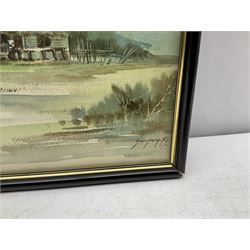 Chinese School (20th century): Figures near Cottages in Wetlands, watercolour indistinctly signed 27cm x 35cm