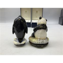 Two Halcyon Days bonbonnieres modelled as animals, Giant Panda, and Emperor Penguin, each in fitted box 