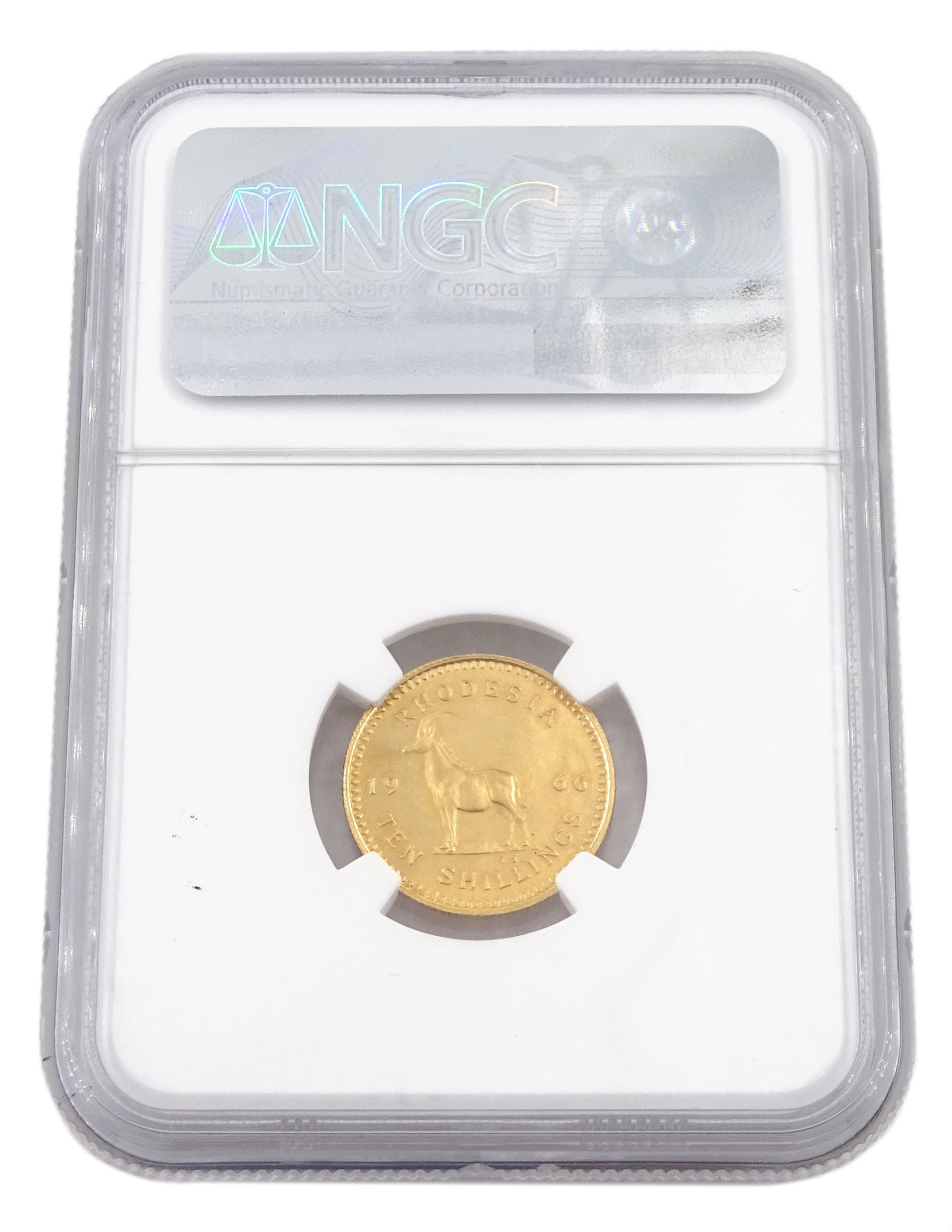 Queen Elizabeth II Rhodesia 1966 gold ten shillings coin, encapsulated and graded PF64 by NGC