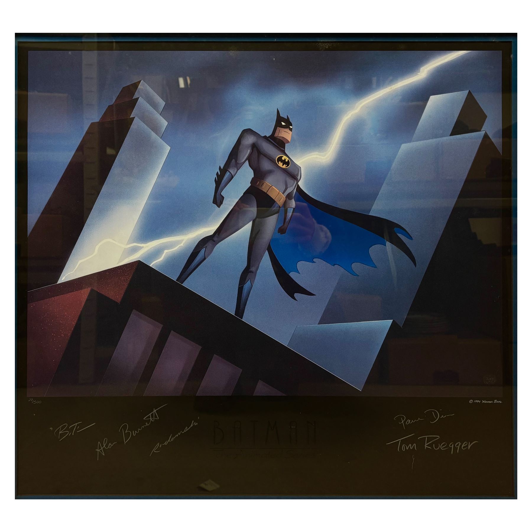 Limited edition ‘Batman Lightning’ Batman Animated Series framed print, signed by the voice actors, limited edition no 28/500, H77cm including frame