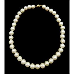 Single strand white cultured pearl necklace, with 9ct gold ball clasp, stamped 375