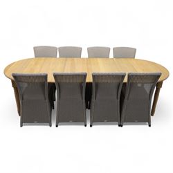 Neptune – Sheldrake limed oak extendable dining table and eight Havan loom chairs, the oval top in limed oak finish with four additional leaves extending the table to seat up to ten (Extends to cm), raised on turned legs with two additional centre supports, the matching Havan loom chairs finished in grey with cream upholstered seat covers (H 95cm, W 47cm, D 55cm)