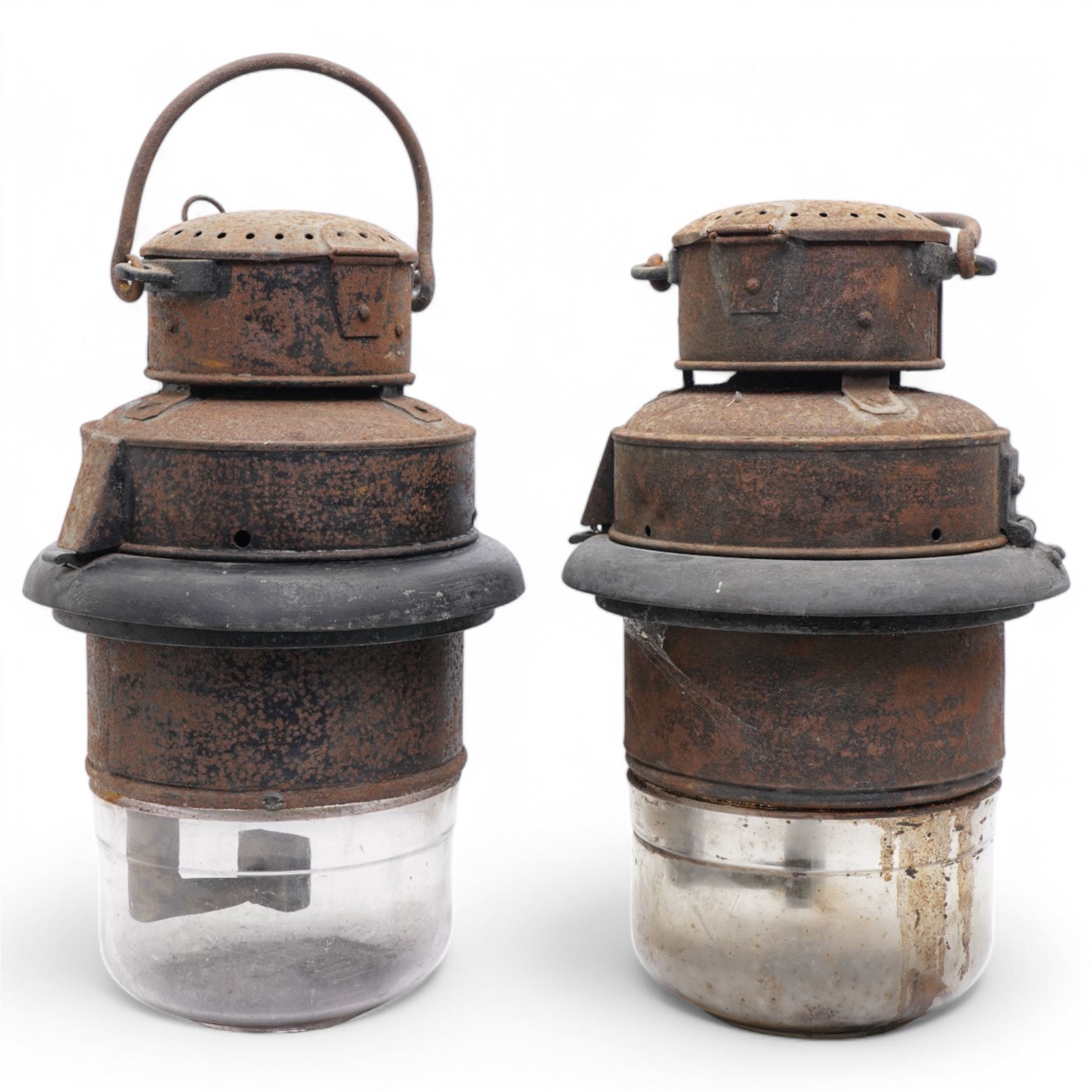 Pair of Great Western railway carriage pot lamps with original glass shades, stamped 'Return to General Stores Swindon' numbered 44 and 119 H41cm