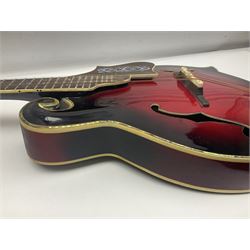 Eastern eight-string mandolin with red sunburst finish and mother-of-pearl inlay of eagles, clouds, trees etc L86cm; in fitted hard carrying case
