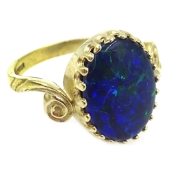  9ct gold oval opal triplet ring with scroll design shoulders, hallmarked  