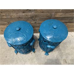 Pair of blue painted cast iron garden bins