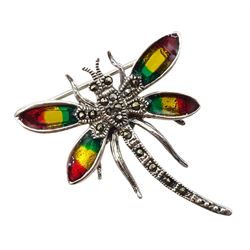 Silver marcasite and enamel dragonfly brooch, stamped 925
