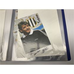 Two folders of over fifty photographs, cards, compliment slips etc of actors, actresses, celebrities, politicians, sports personalities etc, all bearing signatures, including David Frost, Lloyd Grosman, John Suchet, Julia Somerville and othe GMTV presenters, Carol Vorderman, Jackie Collins, Rolf Harris, Timothy Dalton, Pete Postlethwaite, Magnus magnusson, John Major, Kate Moss, Uri Geller, David Beckham, Peter Alliss, Sharon Davies, Kevin Keegan etc