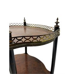 French Amboyna and Kingwood banded stand, three shaped tiers, brass gallery