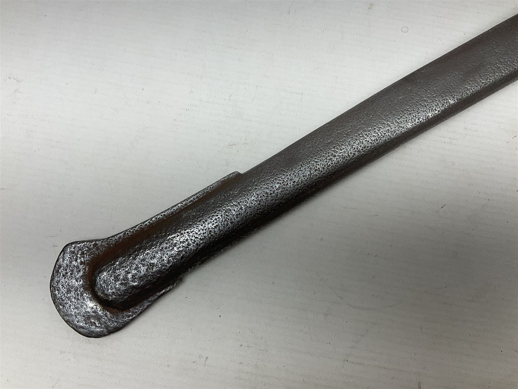 19th century French 1822 Pattern Light Cavalry trooper's sword with 88.5cm slightly curving fullered blade, brass three-bar hilt and wire-bound leather grip; in polished steel scabbard with two suspension rings L110.5cm overall