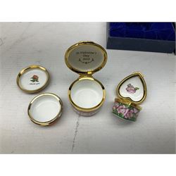 Group of Halcyon Days enamel boxes, including year examples, and others with Valentines, Birthday and Anniversary inscriptions, each with box, (9)