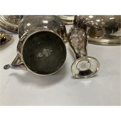Elkington & Co silver plated cloche, Walker & Hall silver plated vase, silver plated teapot with ornate foliate decoration, another Walker & Hall example with gadrooned detail, other silver plate