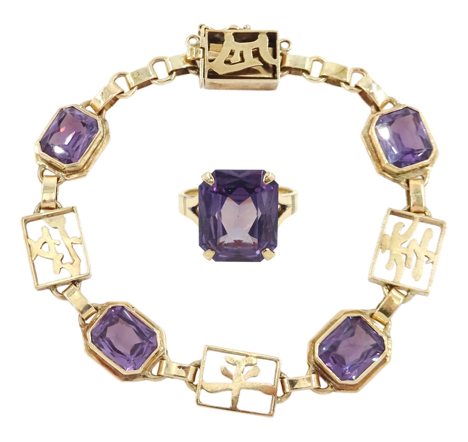 Gold synthetic purple stone and Chinese character mark bracelet and a gold purple stone set ring