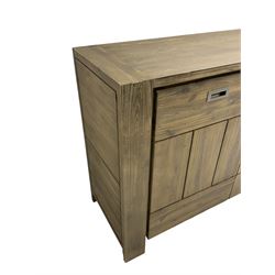 Contemporary hardwood sideboard, fitted with four drawers flanked by two cupboards, each with recessed metal handles