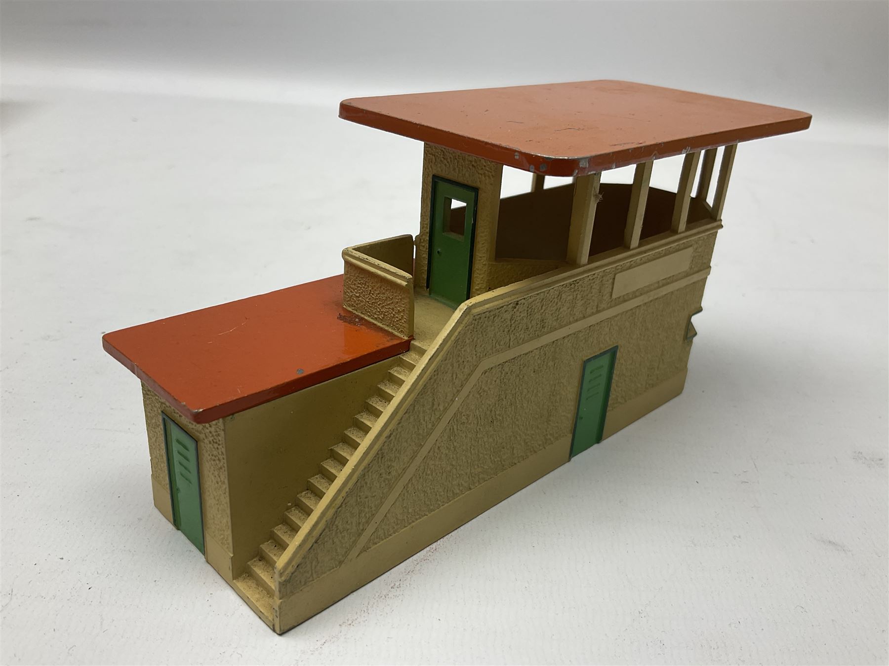 Hornby Dublo - two stations, signal box, 3-piece platform, footbridge, girder bridge etc; and other die-cast trackside and station accessories; all unboxed