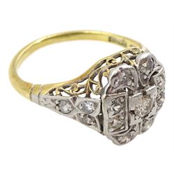 Gold and platinum milgrain set diamond cluster ring, with filigree gallery, stamped 18ct Plat
