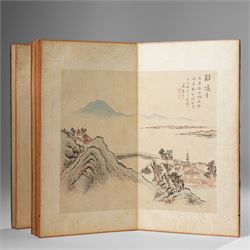 Chinese fold out book, comprising 12 hand-coloured woodblock landscapes each bearing inscr...