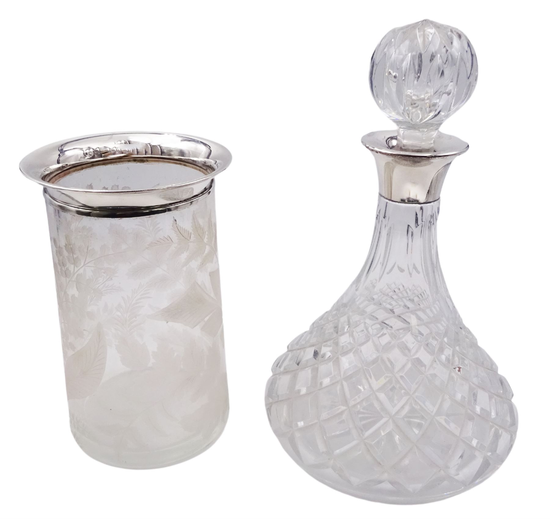 Modern silver mounted cut glass ships decanter, the silver collar hallmarked Charles S Green & Co Ltd, Birmingham 1976, H26.5cm, together with a modern silver mounted glass vase, of slightly tapering cylindrical form etched with ferns and fronds, the silver collar hallmarked London 2001, makers mark W W, H19cm, (2)