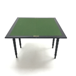 Victorian ebonised folding card table, green baize, turned supports, W100cm, H78cm, D99cm  