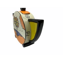 Lorna Bailey Old Ellgreave Pottery, comprising teapot in beach design, circular jar in house and path design, shell jug in Bridge and stream design, squat jug in Pagoda design and plate decorated with an Art Deco woman, all with printed and painted marks. 