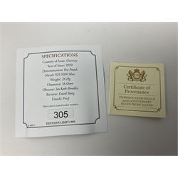 Queen Elizabeth II Channel Islands and Isle of Man silver proof five pound coins, comprising Bailiwick of Jersey 2016 'Lest we Forget', 2019 'D-Day 75th Anniversary' three coin set', Bailiwick of Guernsey 2020 'Florence Nightingale 200th Anniversary' and Isle of Man 2021 'William and Kate Wedding Anniversary', all cased with certificates