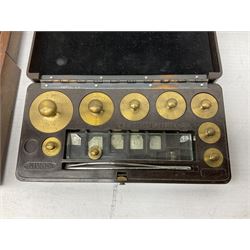 Victorian portable Sikes's hydrometer in original box, the hinged lid with inset plaque for W. & J. Burrow 62 & 63 Great Tower Street London, including ivory backed thermometer, W13.5cm; together with two bakelite cased sets of laboratory scales weights by W.J.George and Becker Ltd. and Philip Harris Ltd. (3)