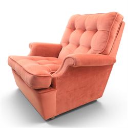 Parker Knoll - mid-century armchair suite, 'Model N30' recliner armchair with headrest and deep buttoned seat and back raised on castors, a wide armchair with deep button back and seat raised on castors, a wingback chair with flared scrolled arms, raised on cabriole supports