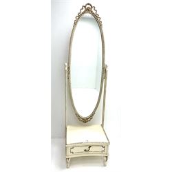 French style cream painted cheval mirror, single drawer on cabriole feet