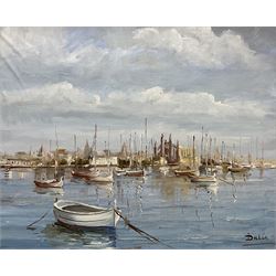 Dalia (British 20th century): Ships at Anchor, impressionist oil on board signed 44cm x 53cm
