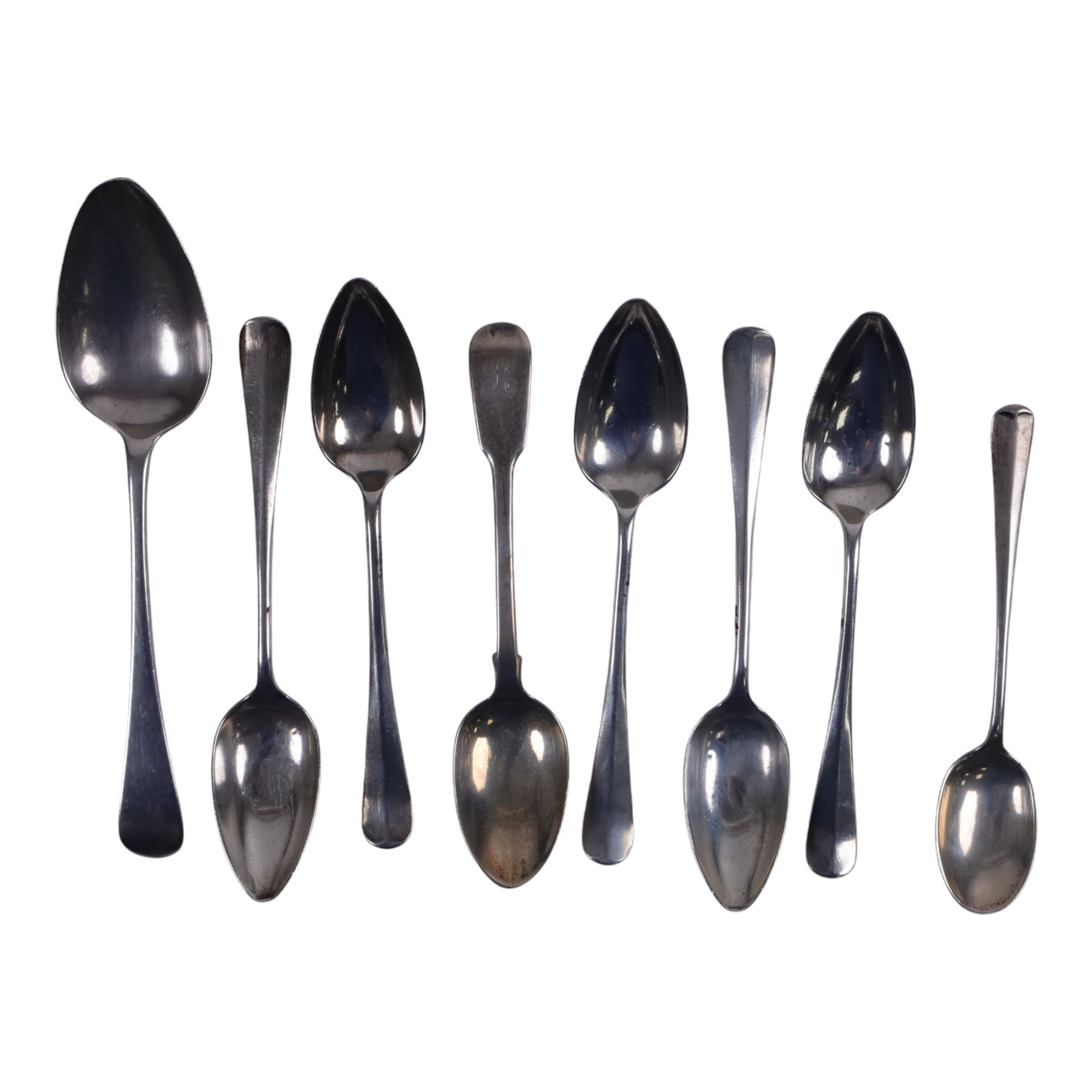 Seven silver spoons, including set of five 1930s Hanoverian pattern teaspoons with rattail bowls, all hallmarked 