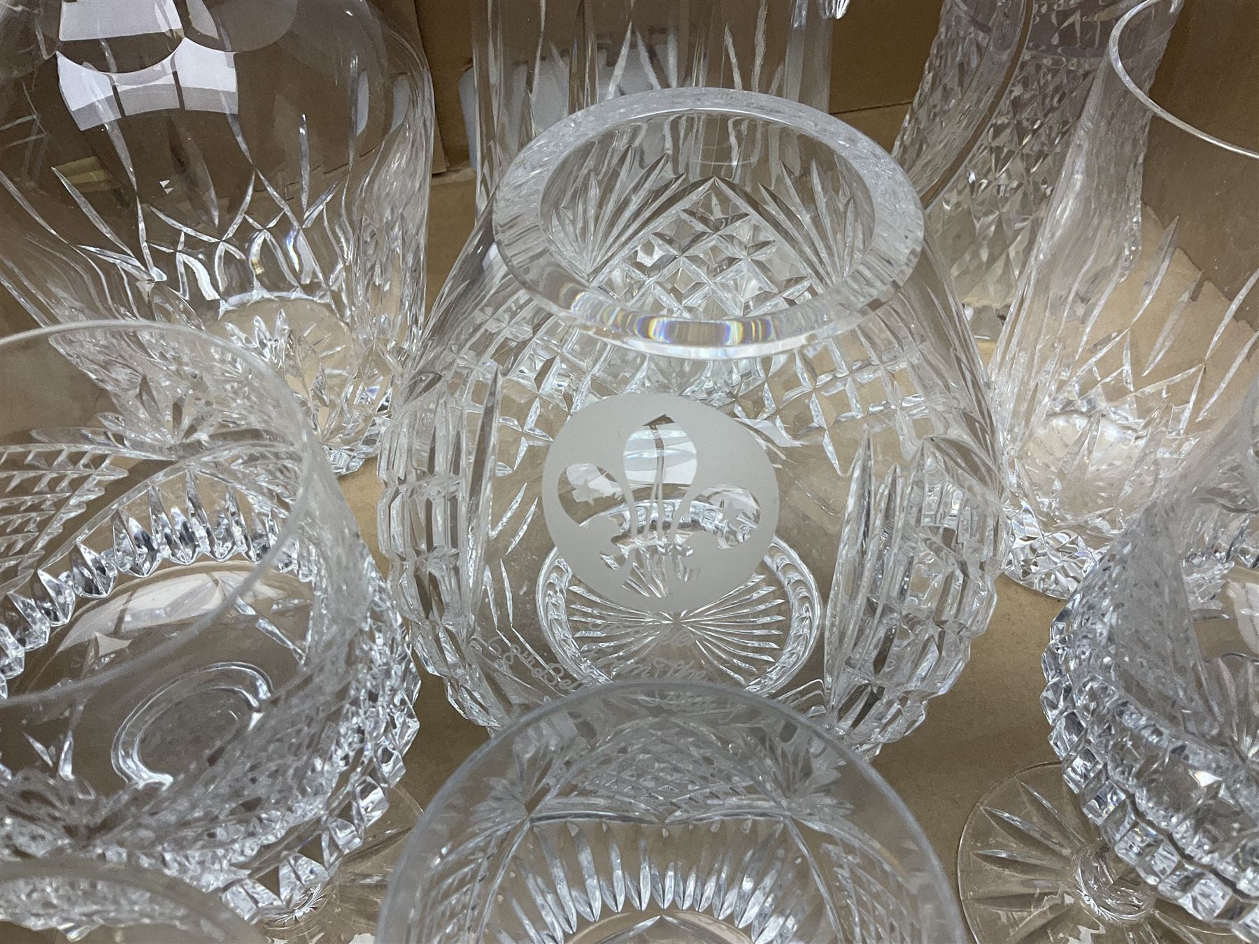 Collection of Waterford and Tyrone crystal, including wine glasses, clock, bowl, etc, together with a collection of other cut glass and crystal