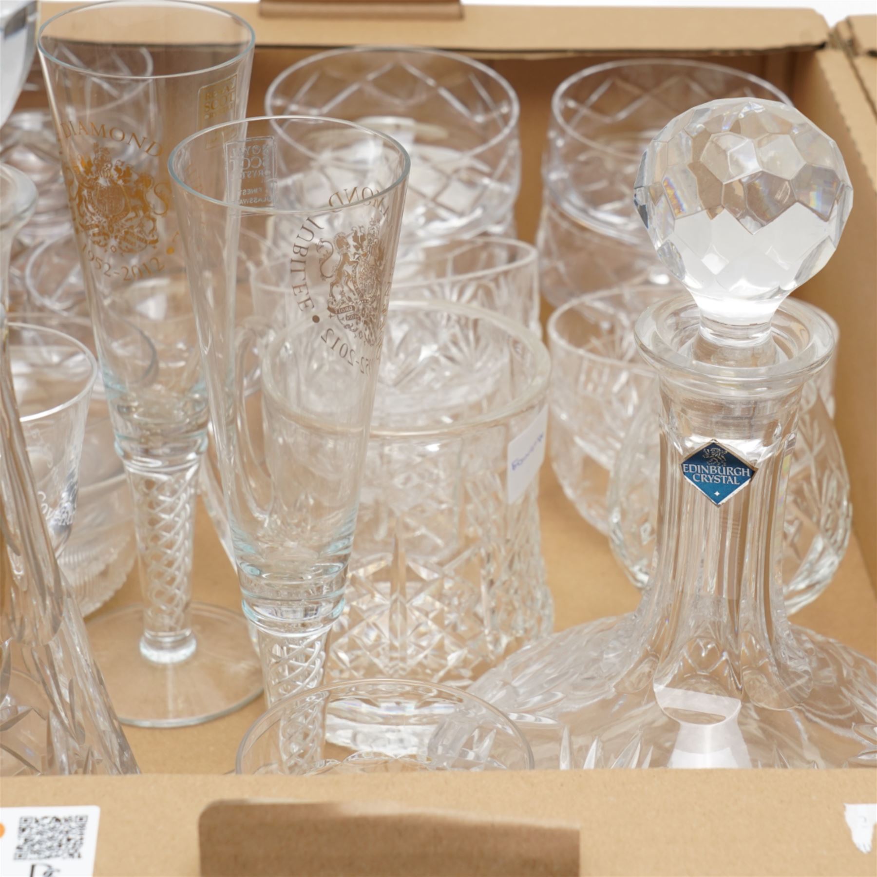 Edinburgh glass ships decanter, other decanters, cut table glass etc in two boxes