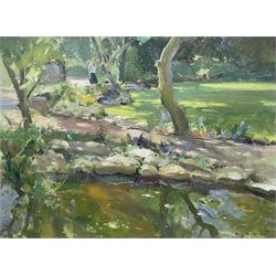 David Jan Curtis (British 1948-): The Garden Pond with Goldfish, oil on panel signed 29cm x 39cm
