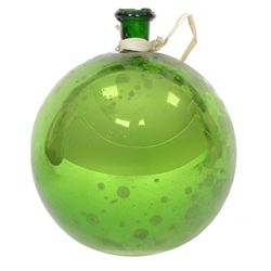 Late 19th century iridescent green glass witches ball with a small bottle neck, D26cm